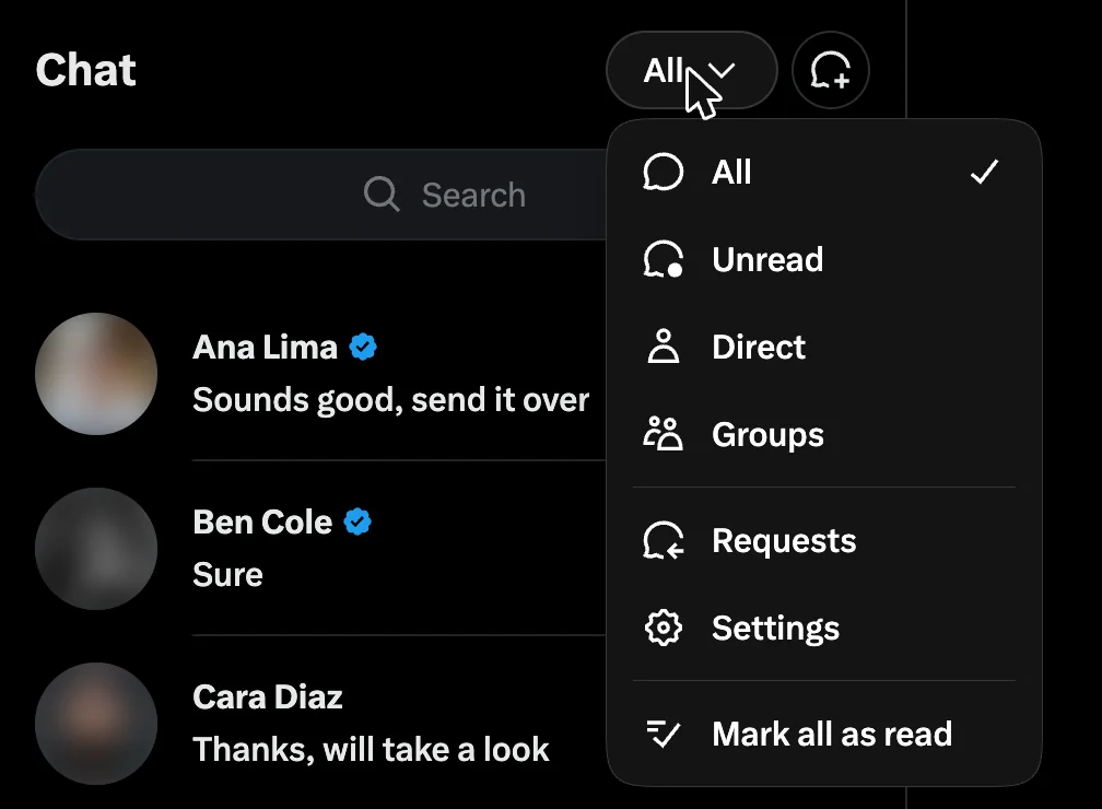 The All menu at the top of the Chat list on x.com, with Requests as one of its entries